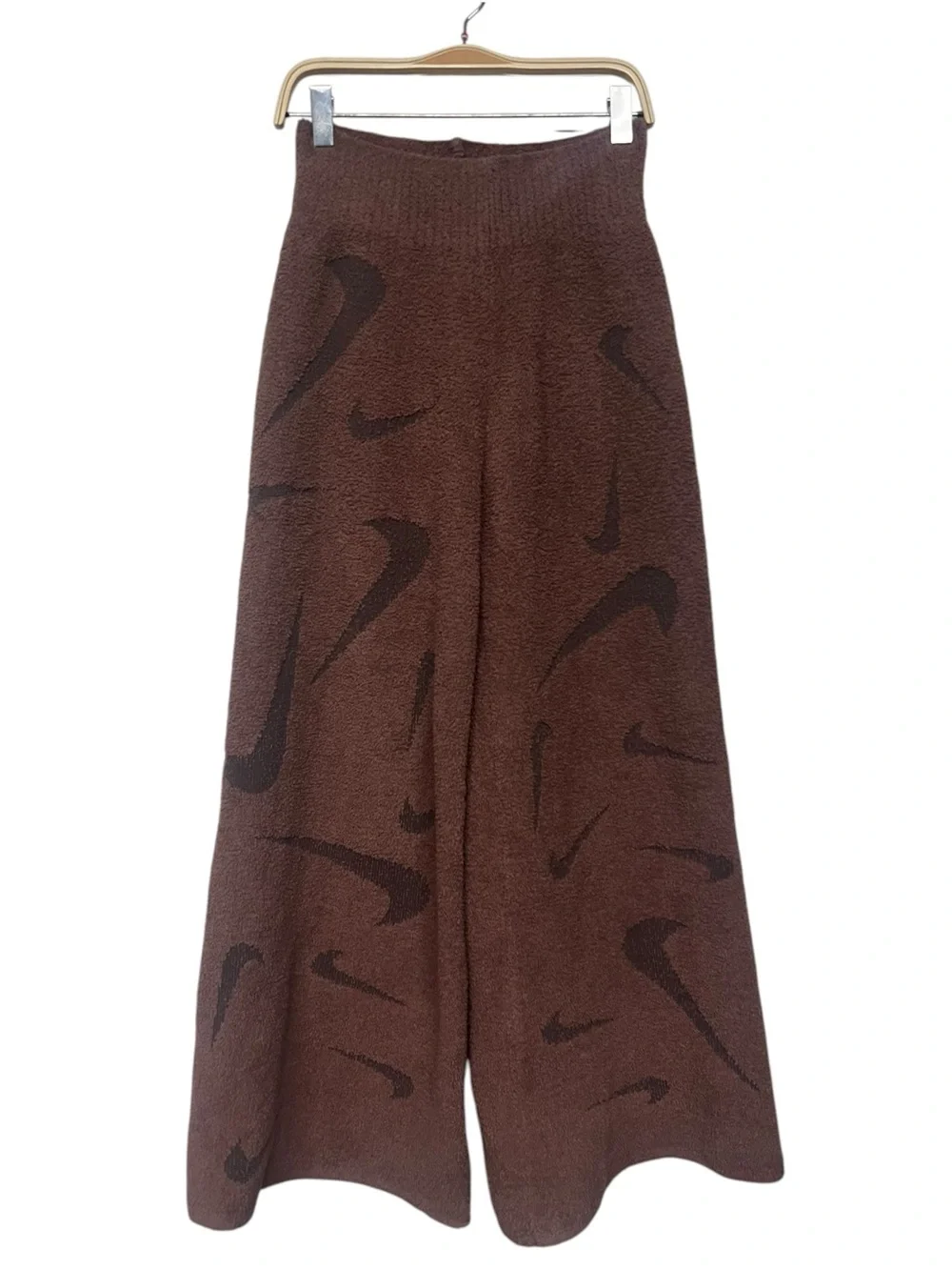 Nike Sportswear Chocolate Brown Knit Wide-Leg Pants Dark Swoosh Motif Boucle
